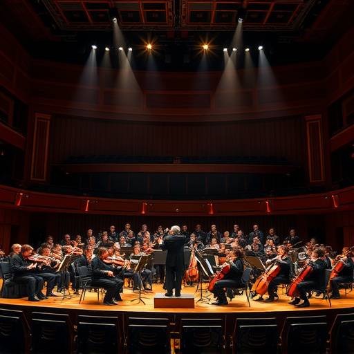 Image d'un concert de musique classique avec un orchestre jouant sur scène.