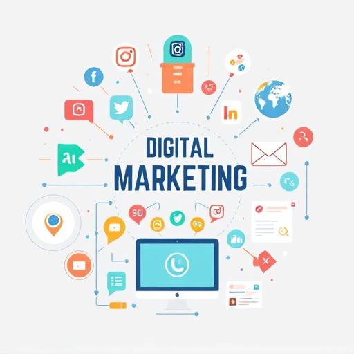 Image illustrant une stratégie de marketing digital avec des icônes représentant les médias sociaux, le référencement et le marketing par e-mail.