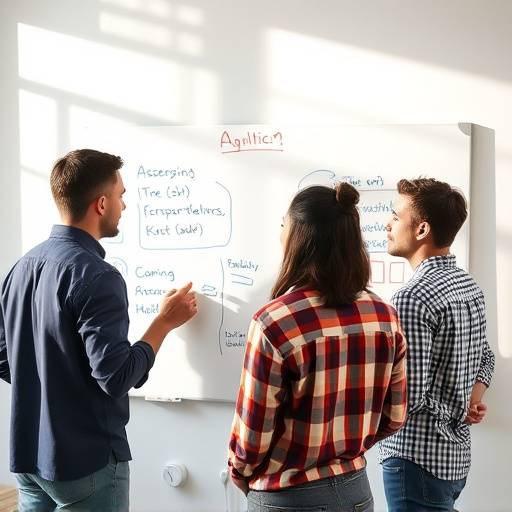 Image représentant une équipe travaillant ensemble sur un tableau blanc pour la gestion de projet Agile et Scrum.