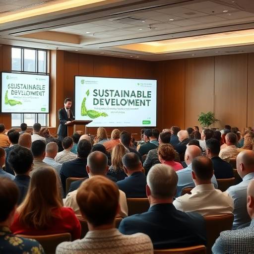 Une salle de conférence pleine de personnes écoutant un orateur parler du développement durable.