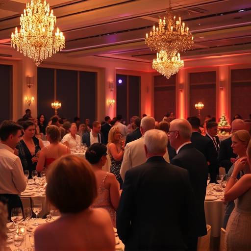 Une soirée de gala de charité avec des invités élégamment vêtus participant à une vente aux enchères.